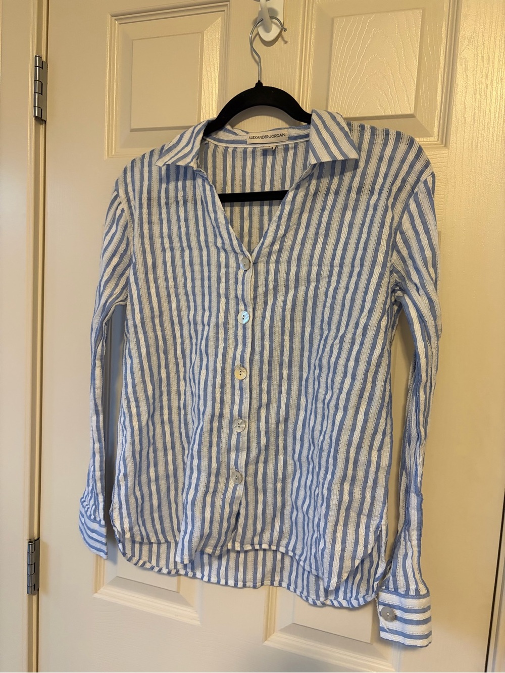 💚 ALEXANDER JORDAN - 100% Cotton - Blue White Striped Blouse - Size Small